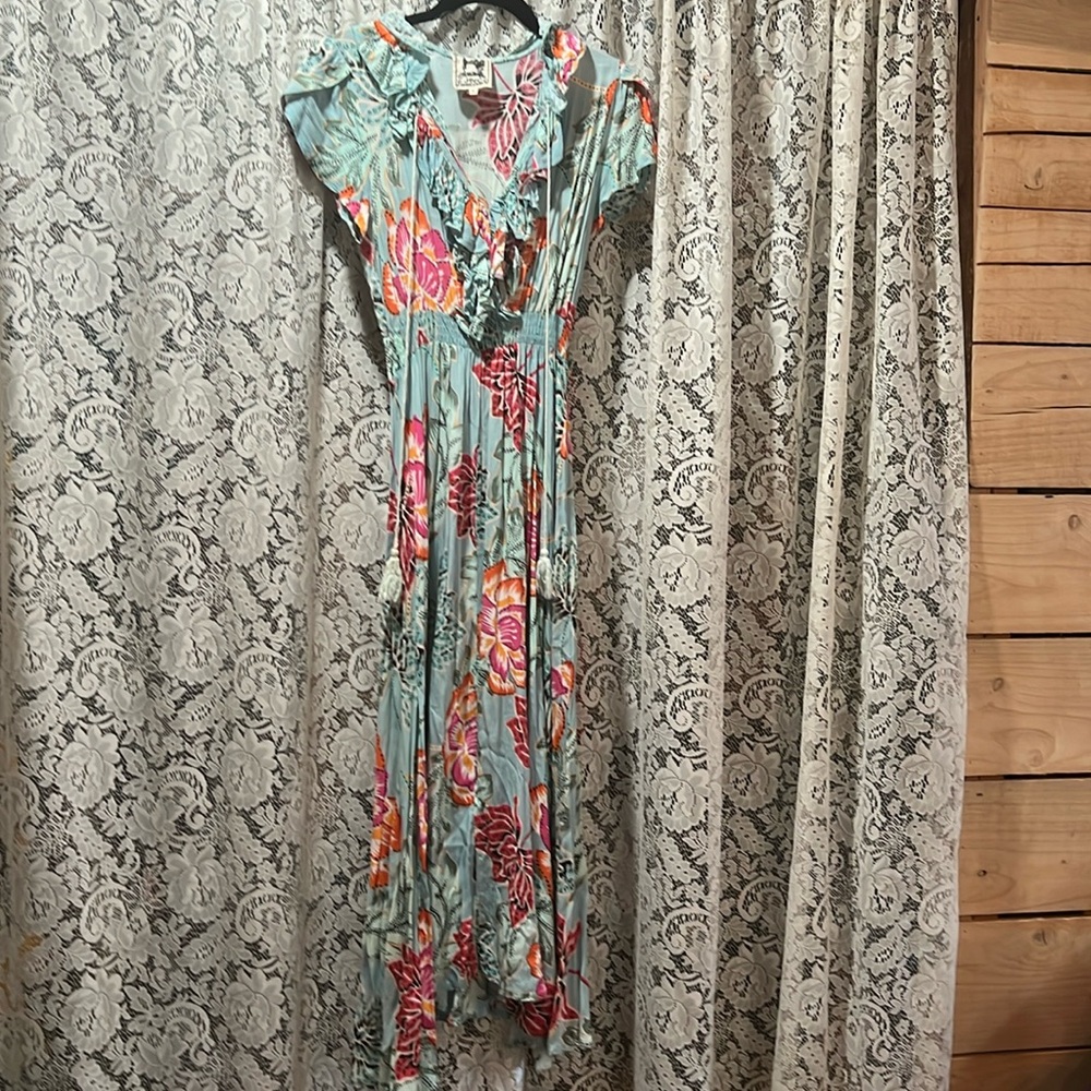 Jase Ruffle Front Dress w/tie Mint Floral Print, maxi Size Small